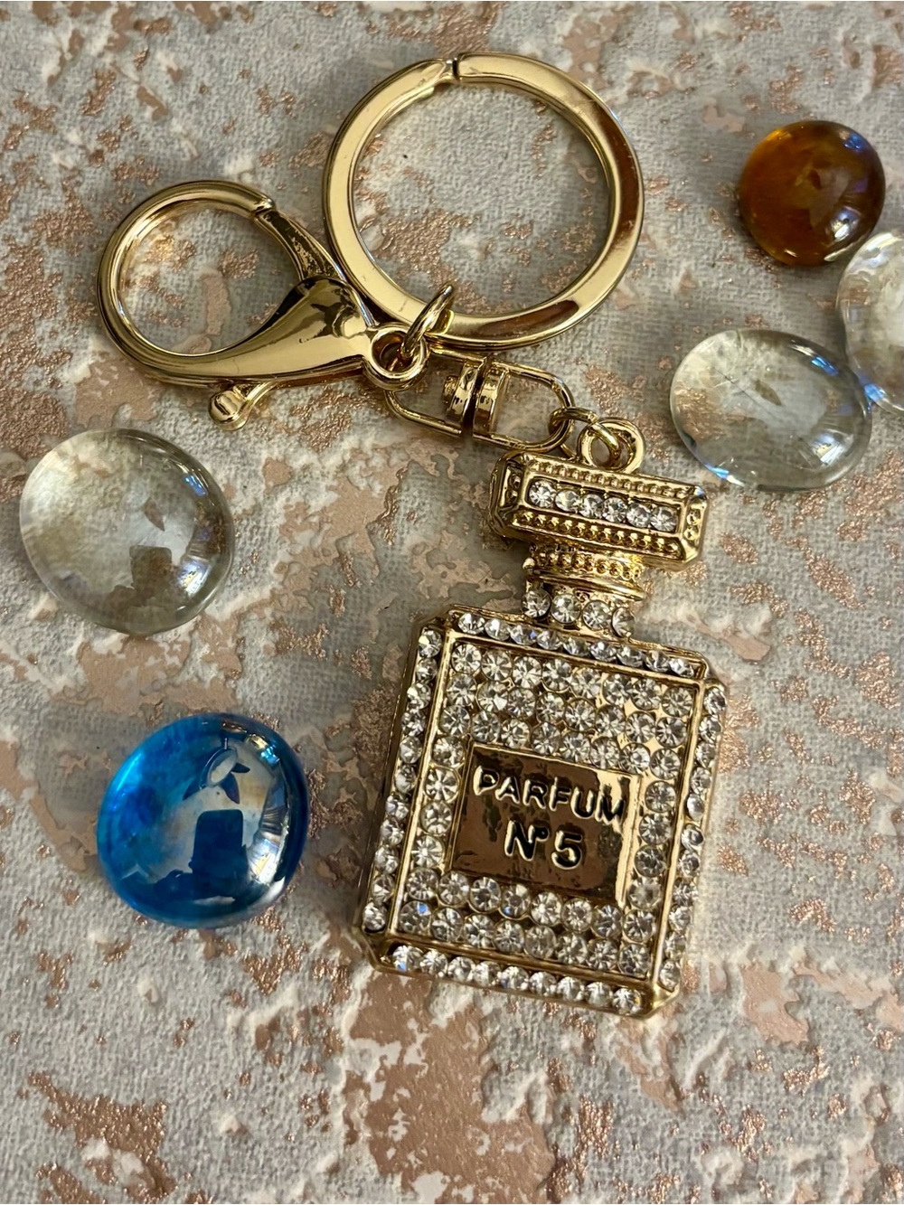 KEY CHAIN / PURSE CHARM Gold Crystal 'Parfum No 5' Bottle